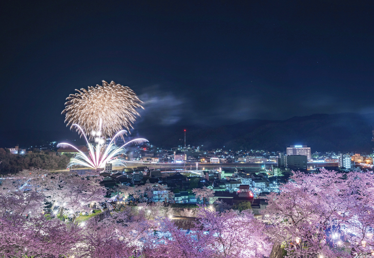 夜桜と花火の共演